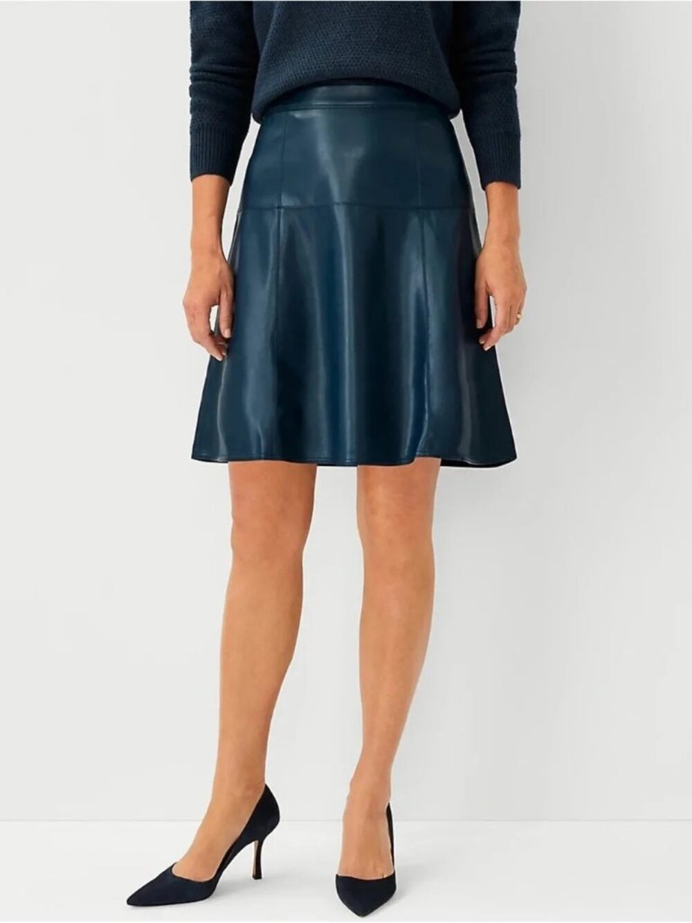 Ann Taylor Petite Faux Leather Flare Skirt | Dark Teal | Size 10P